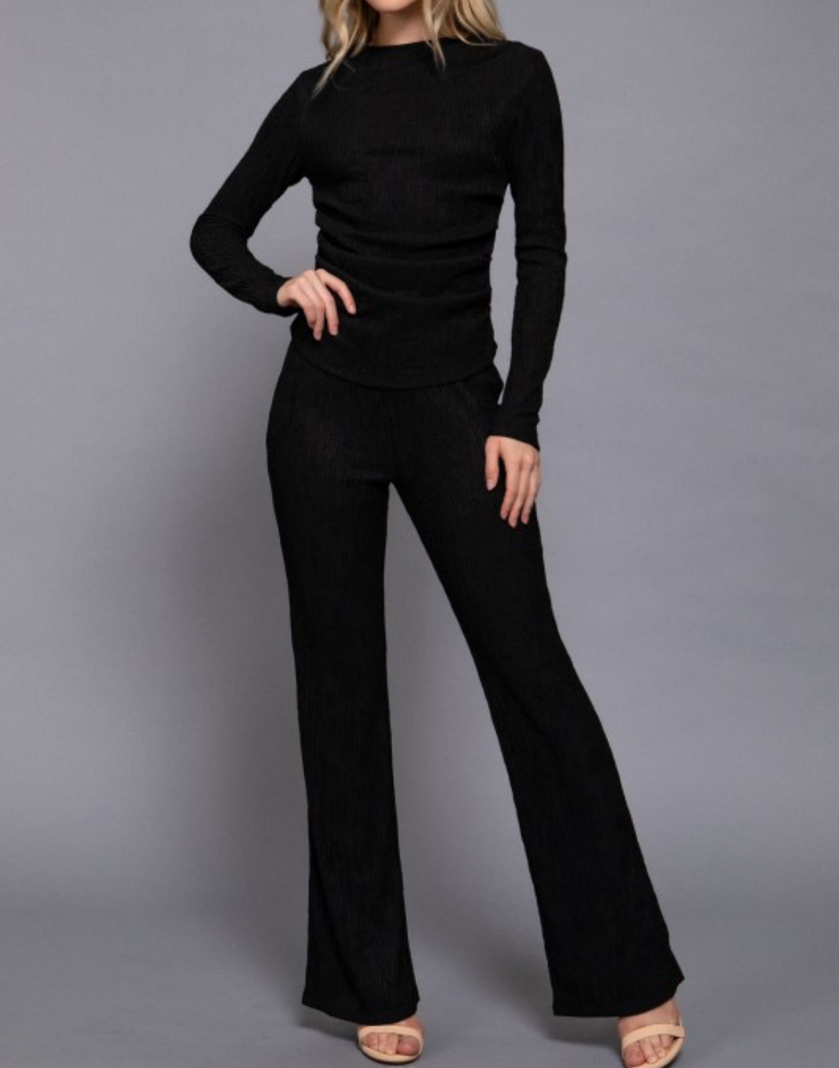 Long Sleeve Draped Top and Flare Pants Set