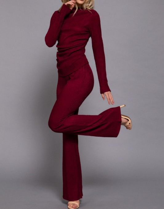 Long Sleeve Draped Top and Flare Pants Set
