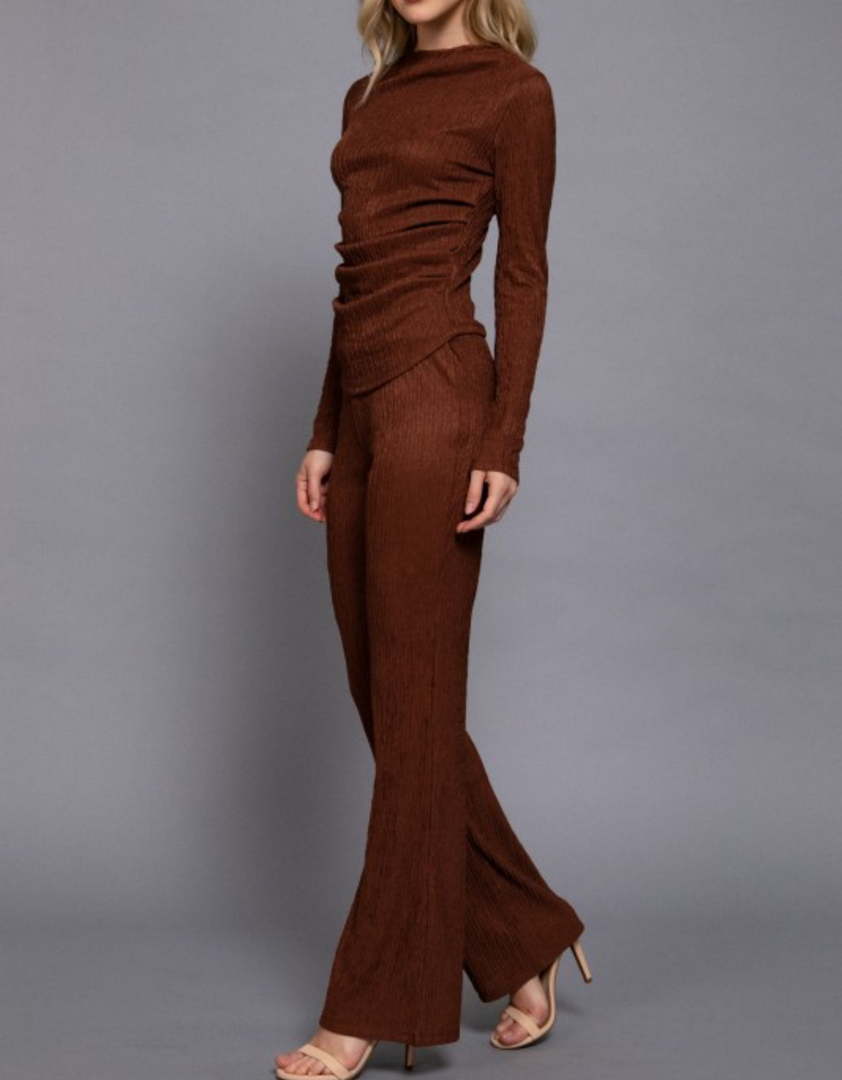 Long Sleeve Draped Top and Flare Pants Set