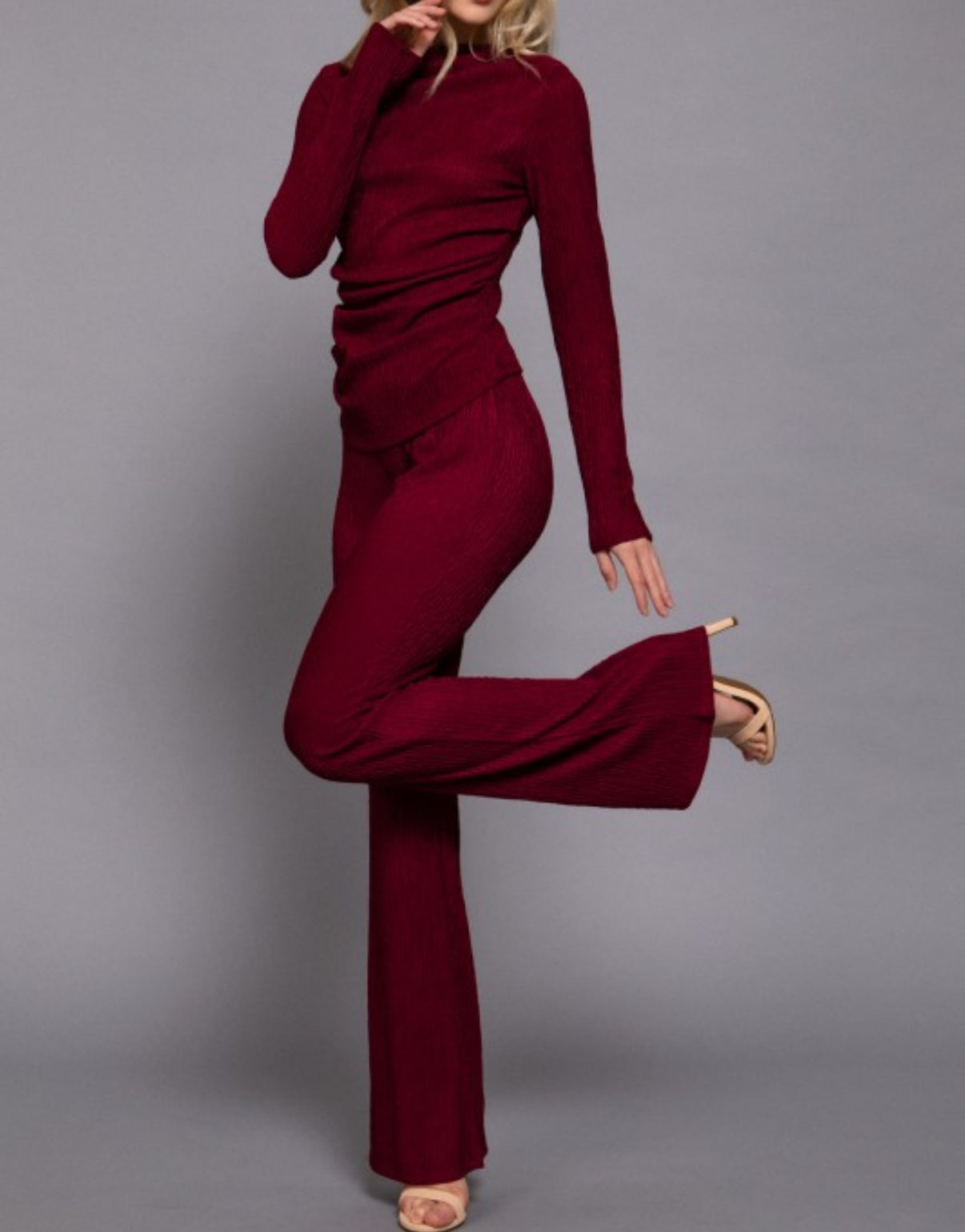 Long Sleeve Draped Top and Flare Pants Set